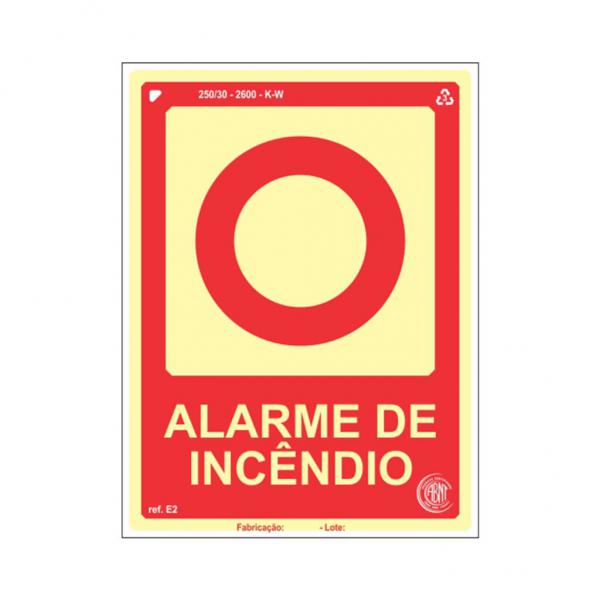 Placa fotoluminescente alarme de incêndio de PVC 20x30cm